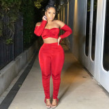 Solid color tube top drawstring pleated two-piece suit A6596