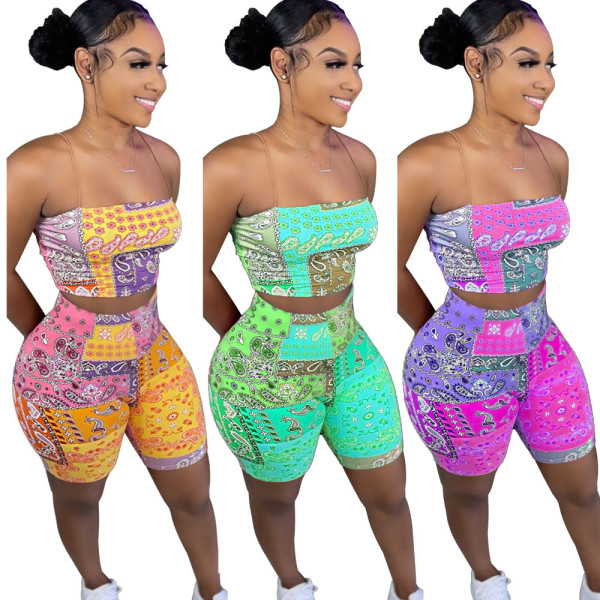 Printed Casual Pants Paisley Cashew Flower Beach Shorts Set A8815