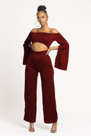 Casual solid color long-sleeved navel off-shoulder jumpsuit M971