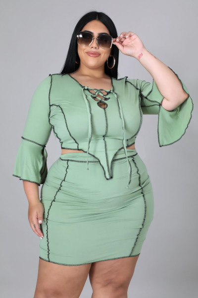 Plus size women's fashion anti-car casual pure color lace short skirt two-piece suit Y81338