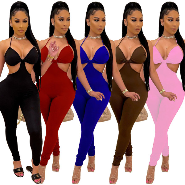 Fashion sexy suspenders solid color casual jumpsuit A8805