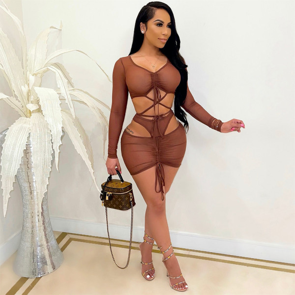 Sexy fashionable lace-up see-through mesh two-piece skirt A6690