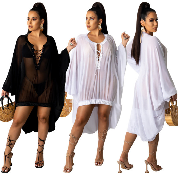Fashion casual mesh see-through dress beachwear personality blouse A8807