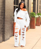 Women's casual cotton solid color ripped flared pants sweatshirt suit TS1065