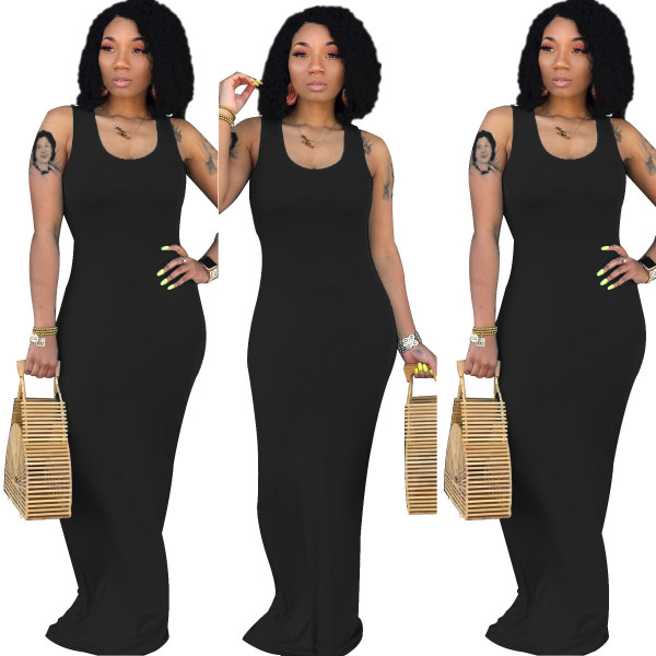 Pure color sexy women's vest long skirt, fashion U-neck dress, simple personality, hip skirt A8810