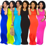 Pure color sexy women's vest long skirt, fashion U-neck dress, simple personality, hip skirt A8810