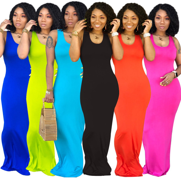 Pure color sexy women's vest long skirt, fashion U-neck dress, simple personality, hip skirt A8810