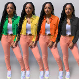Fashion multicolor frayed denim jacket A6279
