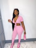 Sexy slim solid color pit strip short sleeve suit A8820