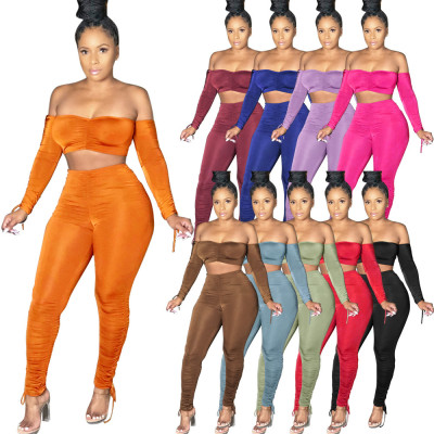 Solid color tube top drawstring pleated two-piece suit A6596