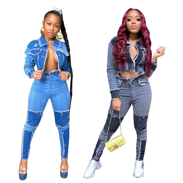 Women's retro stitching washed denim suit TS1062