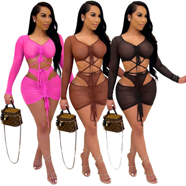 Sexy fashionable lace-up see-through mesh two-piece skirt A6690