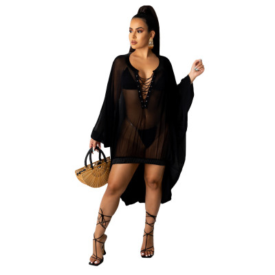 Fashion casual mesh see-through dress beachwear personality blouse A8807