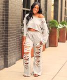 Women's casual cotton solid color ripped flared pants sweatshirt suit TS1065