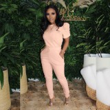 Pure color pleated short sleeve drawstring two-piece suit A6571