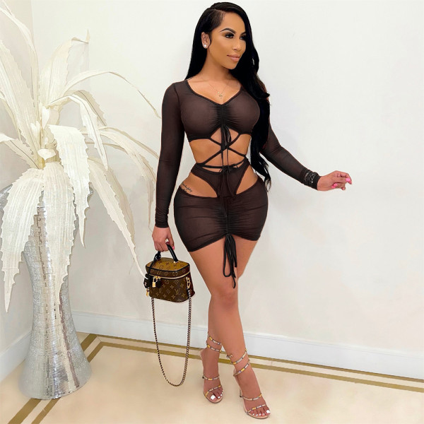 Sexy fashionable lace-up see-through mesh two-piece skirt A6690