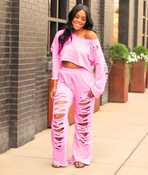 Women's casual cotton solid color ripped flared pants sweatshirt suit TS1065