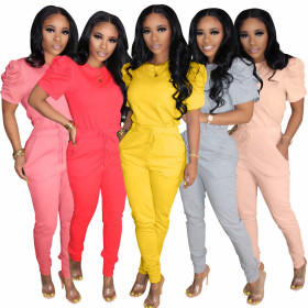 Pure color pleated short sleeve drawstring two-piece suit A6571
