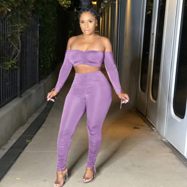 Solid color tube top drawstring pleated two-piece suit A6596