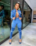 Women's retro stitching washed denim suit TS1062