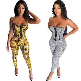 Fashion sexy top dress waistcoat halter slim fit printed suit WY6803