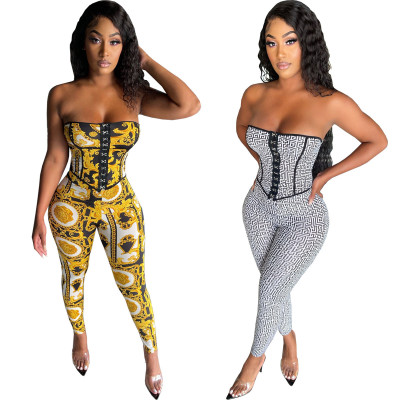 Fashion sexy top dress waistcoat halter slim fit printed suit WY6803