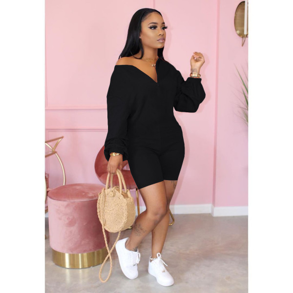 Women's solid color oblique shoulder zipper fashion casual jumpsuit HT6057