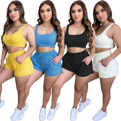 Fashion sexy solid color top sleeveless suspender shorts umbilical two-piece suit WY6814