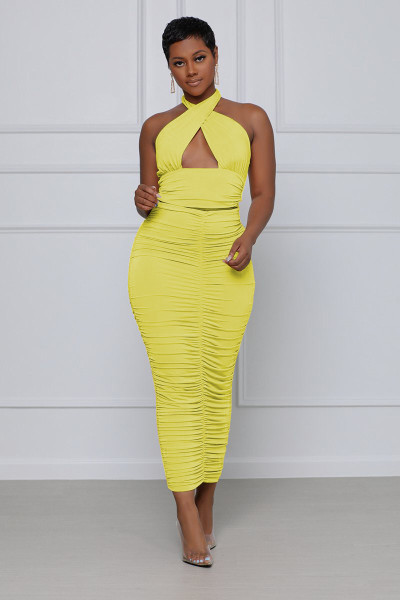 Fashion sexy solid color blouse, hollow wrapped chest, pleated skirt, skirt suit WY6819