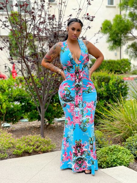 Fashion sexy sleeveless big V-neck print front chest stitching long skirt dress WY6822
