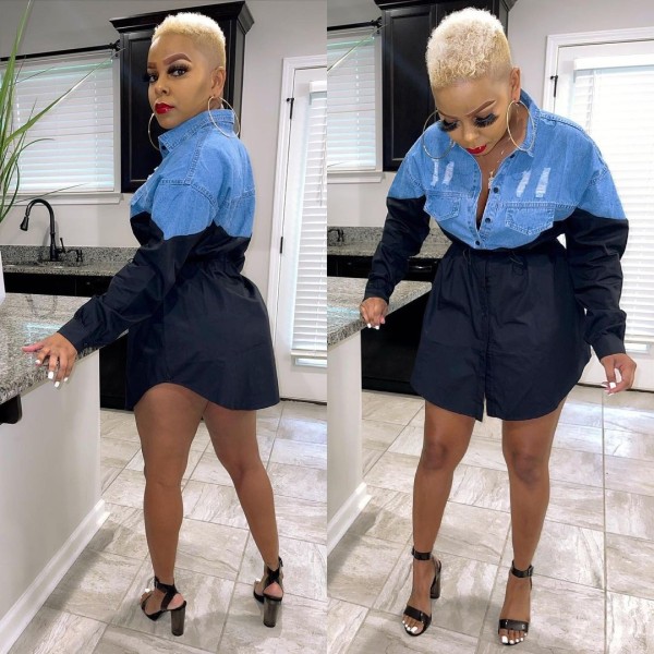Fashion sexy denim stitching color single-breasted dress WY6836