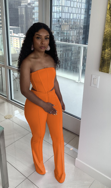 Fashion sexy solid color wrap chest top with zipper back trousers pants suit WY6820