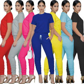 Fashion casual solid color round neck pullover short sleeve slim suit two-piece WY6762