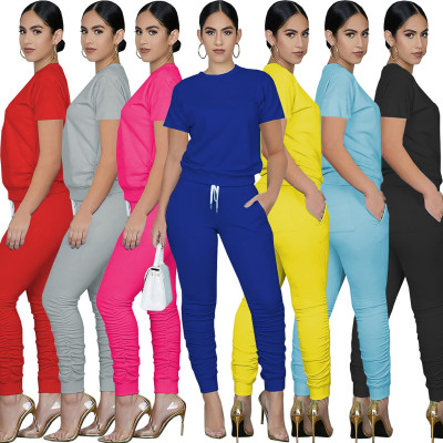 Fashion casual solid color round neck pullover short sleeve slim suit two-piece WY6762