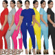 Fashion casual solid color round neck pullover short sleeve slim suit two-piece WY6762