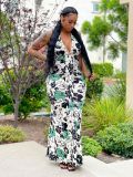 Fashion sexy sleeveless big V-neck print front chest stitching long skirt dress WY6822