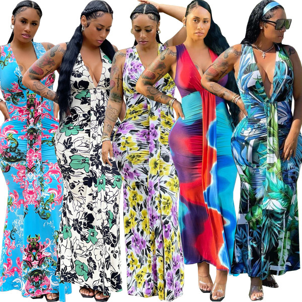 Fashion sexy sleeveless big V-neck print front chest stitching long skirt dress WY6822