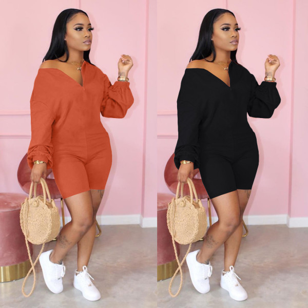 Women's solid color oblique shoulder zipper fashion casual jumpsuit HT6057