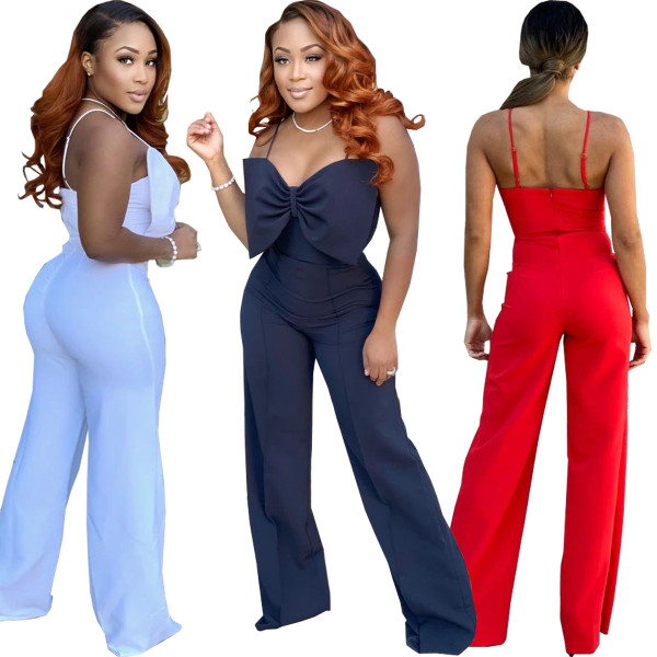 Fashion sexy solid color suspender back with hidden zipper slim fit jumpsuit WY6772