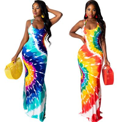 Fashion sexy sling print graffiti skirt with slits on both sides of the dress WY6763