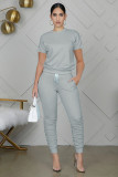 Fashion casual solid color round neck pullover short sleeve slim suit two-piece WY6762