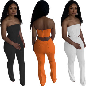 Fashion sexy solid color wrap chest top with zipper back trousers pants suit WY6820