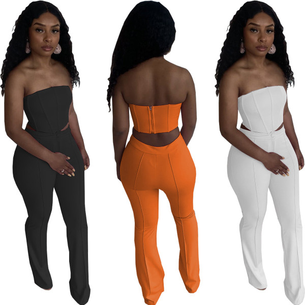 Fashion sexy solid color wrap chest top with zipper back trousers pants suit WY6820