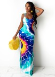 Fashion sexy sling print graffiti skirt with slits on both sides of the dress WY6763