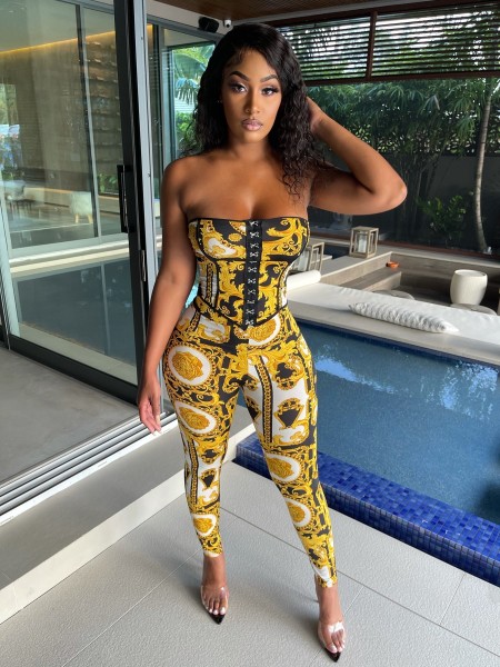 Fashion sexy top dress waistcoat halter slim fit printed suit WY6803