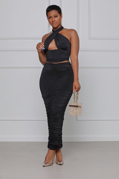 Fashion sexy solid color blouse, hollow wrapped chest, pleated skirt, skirt suit WY6819