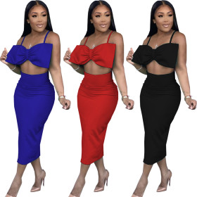 Fashion Sexy Sling Wrapped Skirt Tail Split High Waist Skirt Set Two Piece Set WY6770