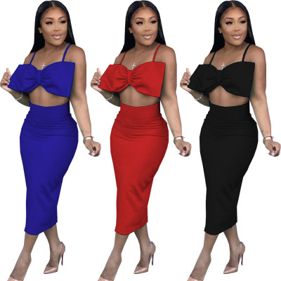 Fashion Sexy Sling Wrapped Skirt Tail Split High Waist Skirt Set Two Piece Set WY6770