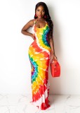 Fashion sexy sling print graffiti skirt with slits on both sides of the dress WY6763