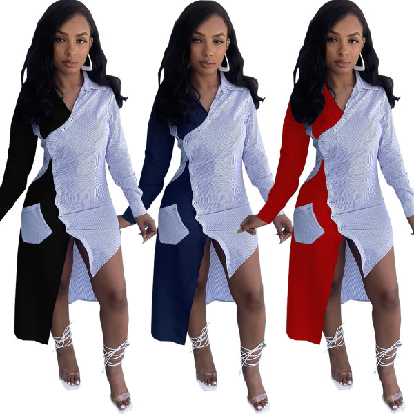 Fashion sexy color matching shirt long skirt with pockets dress WY6818